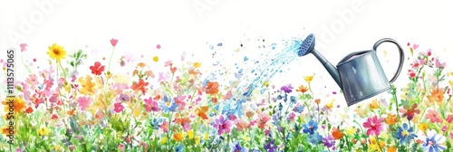 Watering flowers in a vibrant garden full of wild blooms and colors