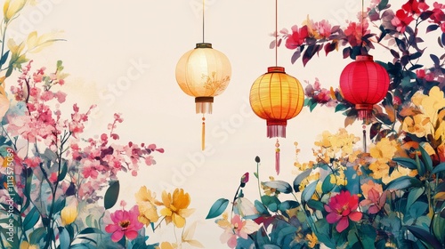 Colorful lanterns hang among blooming flowers, celebrating a festive atmosphe...