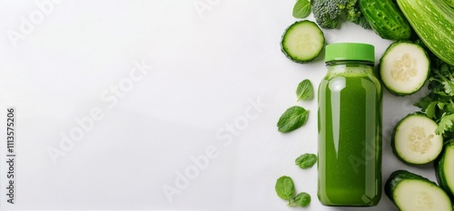 Refreshing green smoothie made with fresh vegetables and fruits on a clean su...