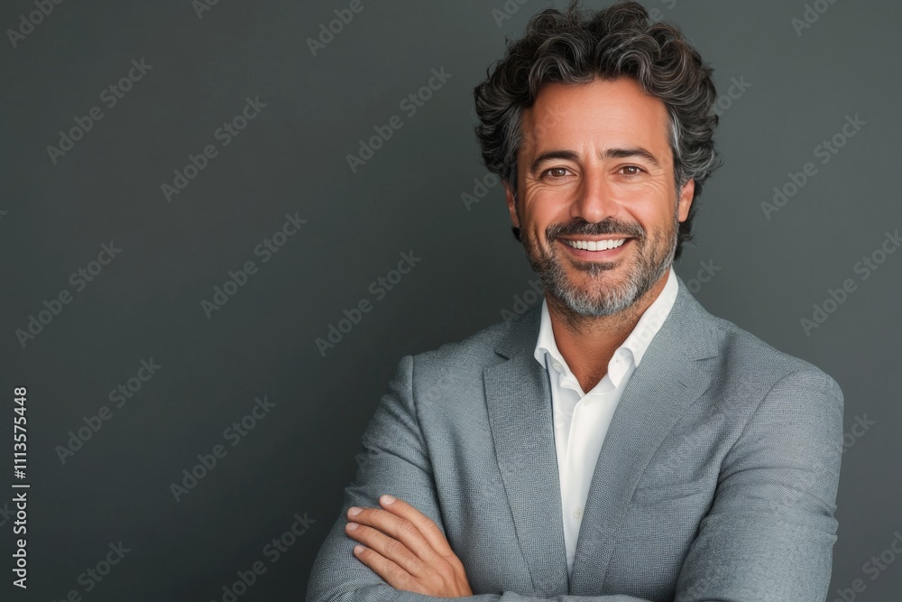 Confident man in gray suit with curly hair smiles warmly against a dark background Confident man in gray suit with curly hair smiles warmly against a dark background