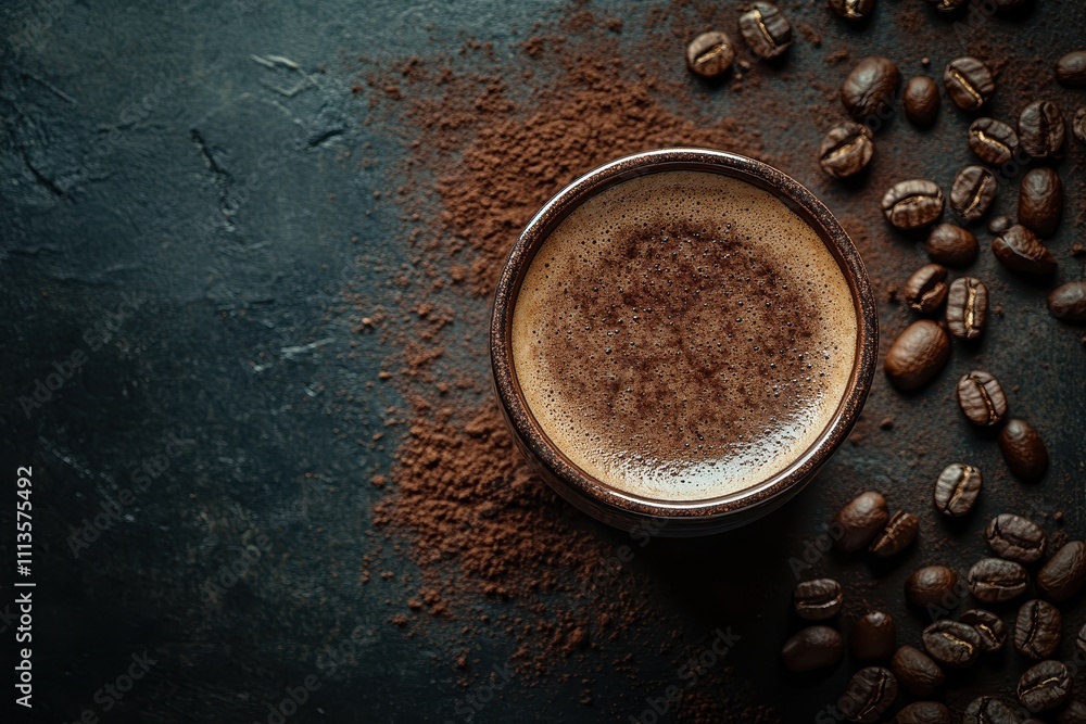 Obraz premium A cup of dark coffee sits amidst cocoa powder and roasted beans on a dark surface. This image is perfect for menus, coffee shops, or any project related to coffee and chocolate.