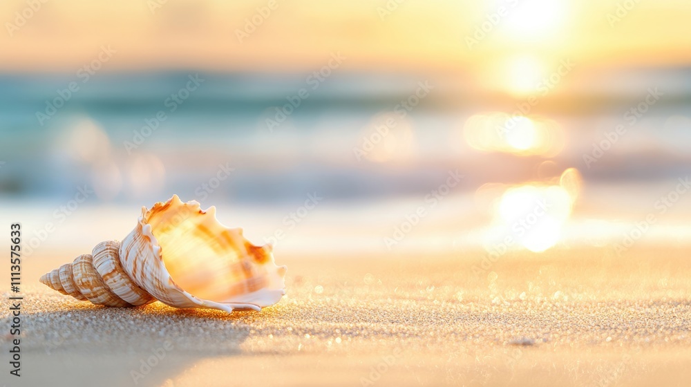 A beautiful seashell lies on a sandy beach as the sun rises, illuminating the shoreline and creating a serene atmosphere A beautiful seashell lies on a sandy beach as the sun rises, illuminating the shoreline and creating a serene atmosphere