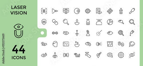 Laser Vision thin line icon set. Contains related to pharmacy, sight, pay, medical, hand and more. Thin UI icon design. Editable stroke.