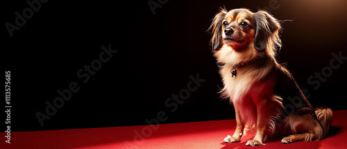 Proud Tibetan Spaniel Dog Sitting on Red photo