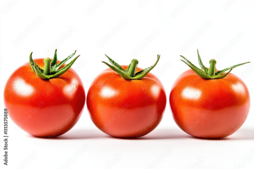 Red tomatoes with green stems arranged side by side isolated on a white background Red tomatoes with green stems arranged side by side isolated on a white background