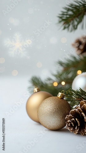 Beautiful golden ornaments on a festive Christmas tree with pine cones and so...