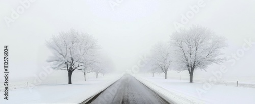 Winter road through fog and snow creates a serene and quiet atmosphere in rur...