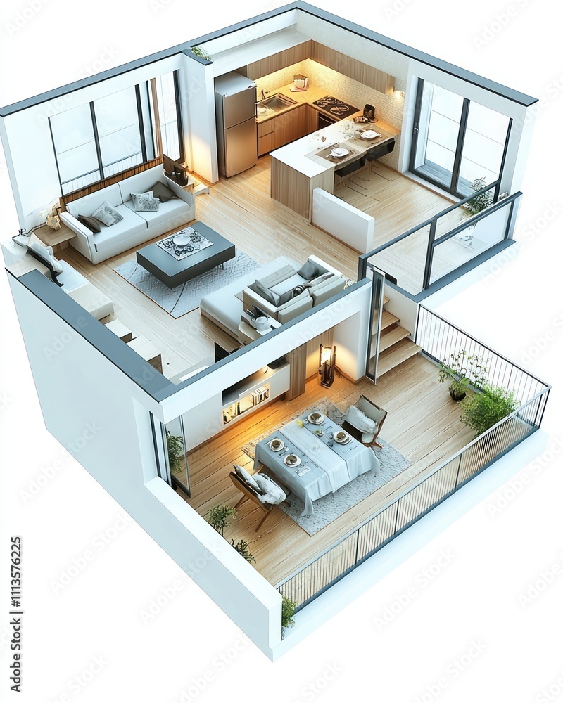 3D floor plan of a modern apartment with kitchen-living area, two bedrooms, and balcony. 3D floor plan of a modern apartment with kitchen-living area, two bedrooms, and balcony.