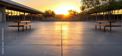 Sunset view at modern architecture with benches and trees in a tranquil setting