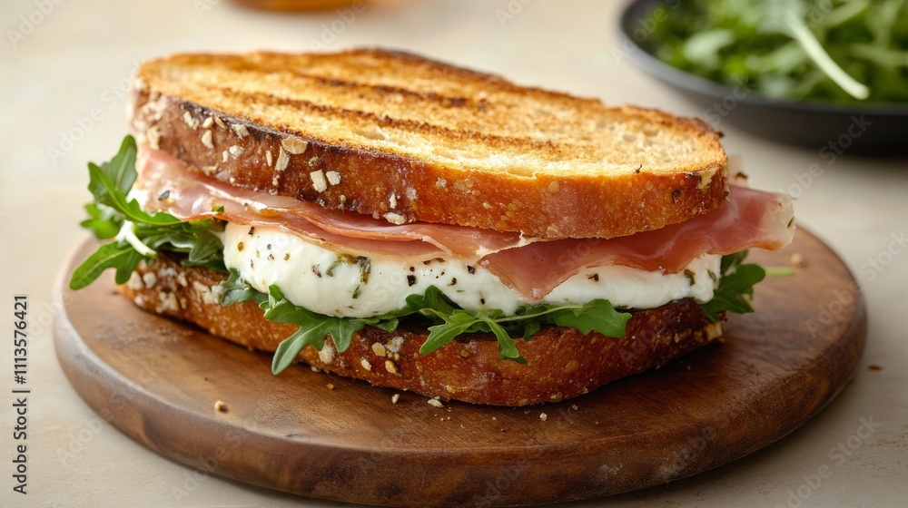 Delicious sandwich with fresh mozzarella, prosciutto, and arugula on rustic bread Delicious sandwich with fresh mozzarella, prosciutto, and arugula on rustic bread