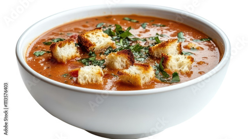 A steaming bowl of rich tomato soup is topped with crispy croutons and fresh chopped herbs. This comforting dish is perfect for a cool evening meal or cozy gathering