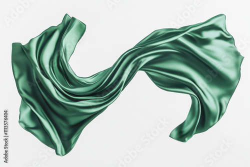 Two flowing pieces of rich green satin fabric in mid-air isolated on a white background