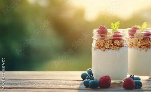 Delicious yogurt parfaits with fresh berries and granola in a sunny garden se...