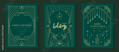 Merry Christmas and Happy New Year frame greeting card vector set. Luxury invitation with Christmas tree, bauble, holly line art on green background. Design illustration for season's card, ads.