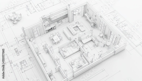 Wallpaper Mural Perspective view of a 3D white model of a house interior plan on blueprint paper, with detailed textures. Torontodigital.ca