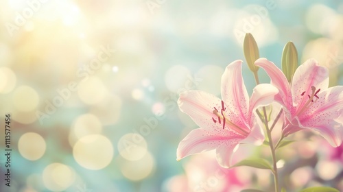 Delicate pink lilies thrive in a vibrant garden, illuminated by warm sunlight and a soft bokeh background, creating a tranquil atmosphere