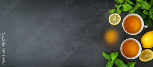 Refreshing herbal tea served with lemon and mint on a dark wooden surface