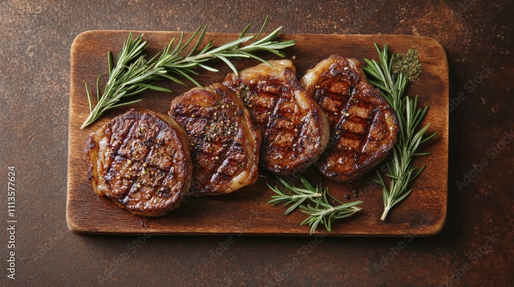 Grilled beef steaks arranged on a wooden platter with herbs and seasoning