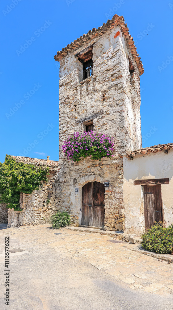 Old stone building with a tower under a clear blue sky Old stone building with a tower under a clear blue sky