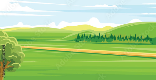 A winding dirt road leads through a vast green field towards a distant forest.
