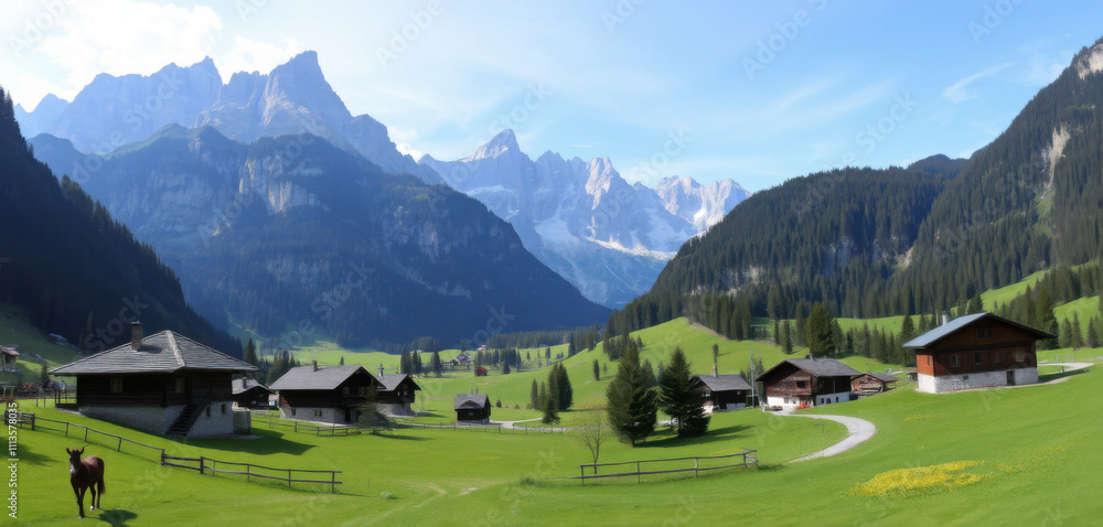 A serene alpine valley, Ramsau am Dachstein, with traditional wooden huts and vibrant green pastures, set against the rugged majesty of the Dachstein mountain range. A serene alpine valley, Ramsau am Dachstein, with traditional wooden huts and vibrant green pastures, set against the rugged majesty of the Dachstein mountain range.