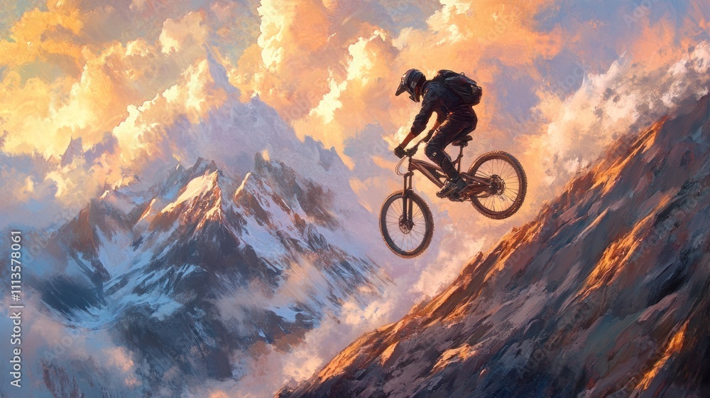 Obraz premium Epic Mountain Biking Adventure: A Cyclist Soaring Through Majestic Peaks at Sunset