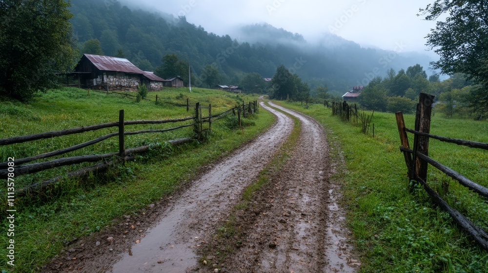 Tranquil Foggy Road Through Serene Villages in Nature Tranquil Foggy Road Through Serene Villages in Nature
