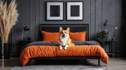 Corgi relaxing on modern bed in stylish bedroom with plants and artwork