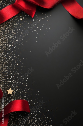 Red ribbon and golden stars create a festive background for holiday celebrations