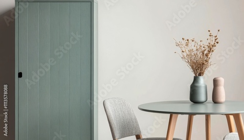 Modern indoor setting featuring a round table with decor and a vintage cabine...