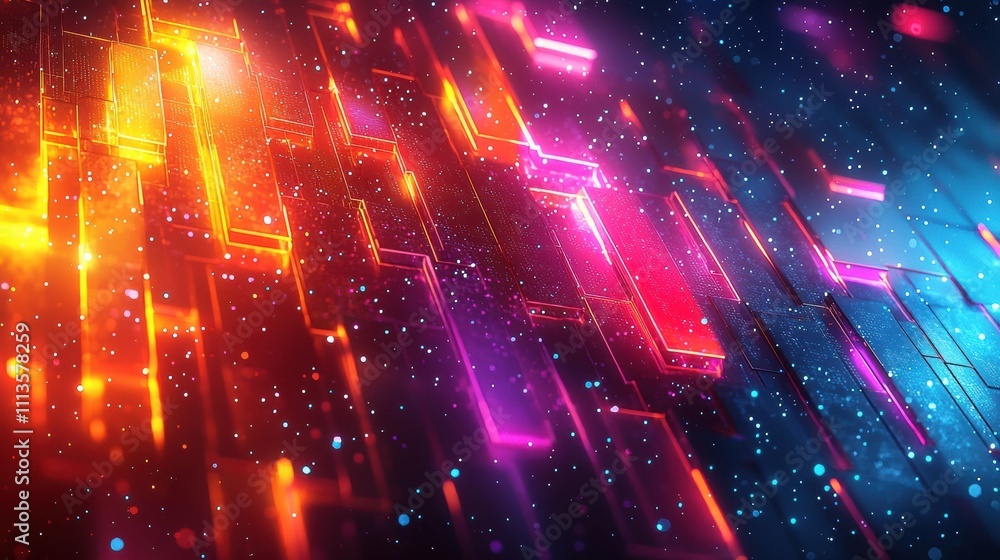 Fototapeta premium Mesmerizing Cosmic Explosion of Colorful Geometric Lights in Futuristic Digital Atmosphere
