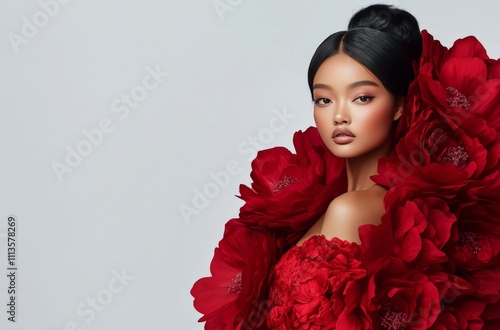 Stunning portrait of a model surrounded by vibrant red flowers in an artistic...