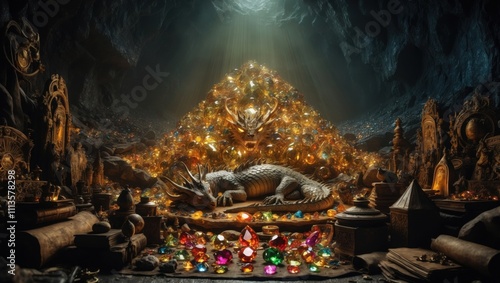 treasure hoard, with a slumbering dragon surrounded by ancient relics