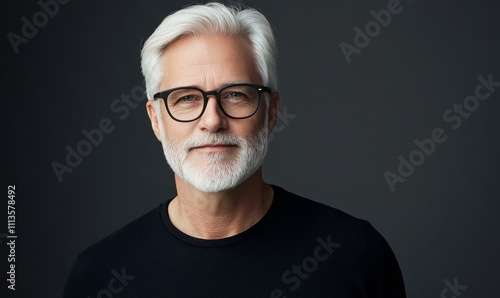 Senior man with gray hair and beard poses confidently against dark background