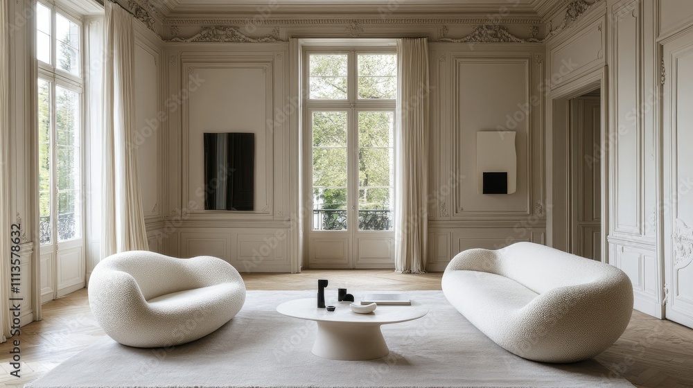 A modern living room featuring minimalist furniture and large windows for natural light. A modern living room featuring minimalist furniture and large windows for natural light.
