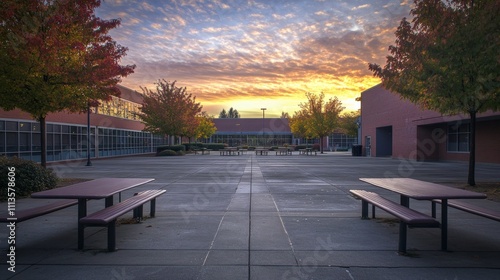 Vibrant autumn sunset over a quiet plaza with colorful trees and reflective p...