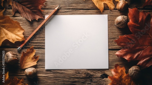 Blank paper with autumn leaves and nuts arranged on wooden table at cozy setting