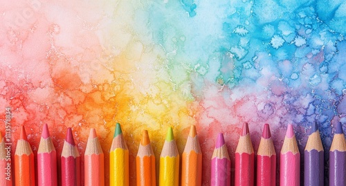 Vibrant colored pencils arranged neatly against a splattered paint background