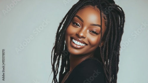 Smiling woman with long dreadlocks poses against a plain background indoors