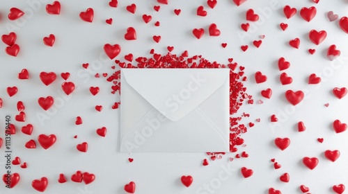 Colorful hearts surround a letter with a heart shaped seal floating against a...