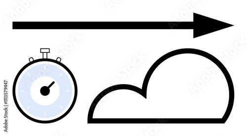 Stopwatch cloud and arrow representing speed progress, time management, efficiency, and connectivity. Ideal for productivity, cloud technology, workflow, goal setting, quick solutions