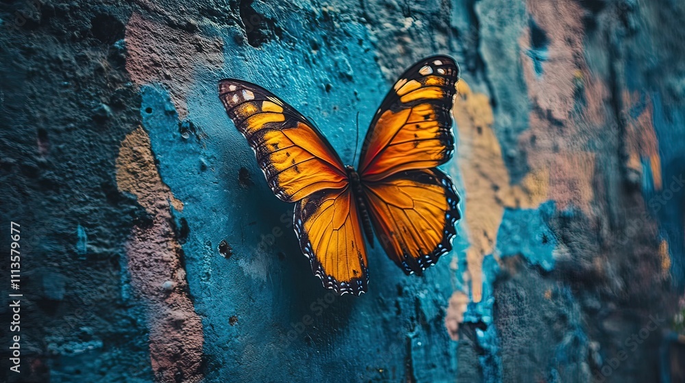 A monarch butterfly with orange wings rests on a rough blue, green, pink, and purple textured wall. A monarch butterfly with orange wings rests on a rough blue, green, pink, and purple textured wall.
