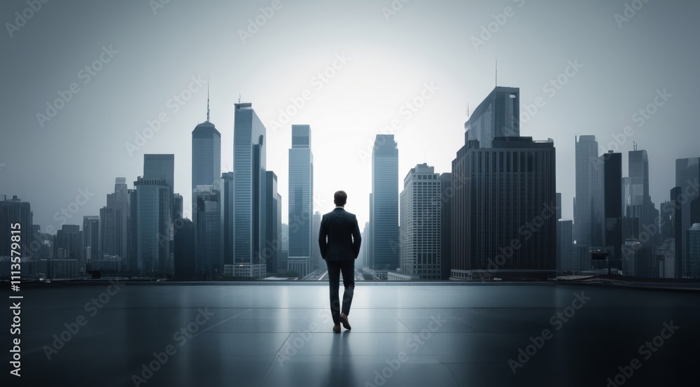 Business man standing near cityscape. The concept of business, city life and future. Business technology concept. Businessman on future city background and futuristic skyscrapers. Business man standing near cityscape. The concept of business, city life and future. Business technology concept. Businessman on future city background and futuristic skyscrapers.
