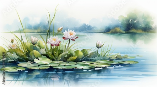 Tranquil water lilies float on a serene lake surrounded by lush greenery and ...
