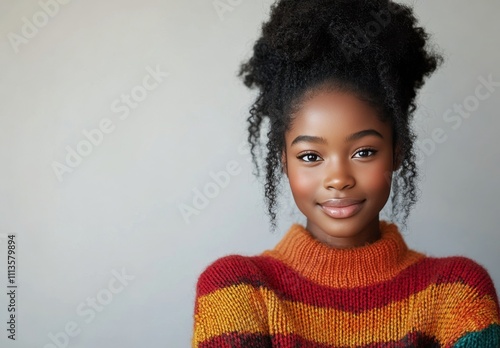 Young woman in cozy sweater smiles while working on laptop at home