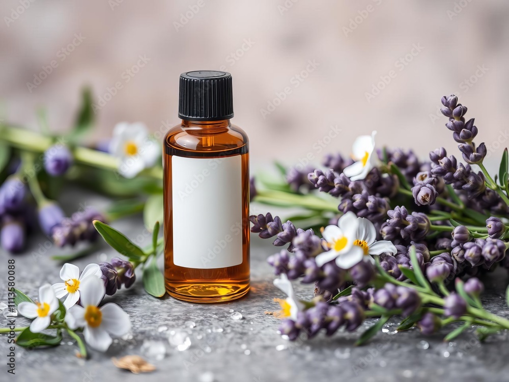 A bottle of essential oil and lavender flowers placed on a light stone table, relaxation, spa A bottle of essential oil and lavender flowers placed on a light stone table, relaxation, spa