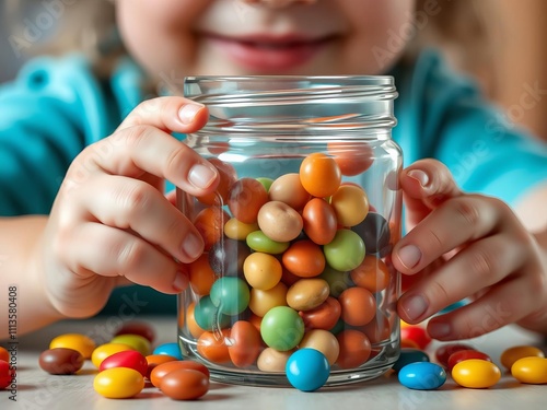 A child reaching into a glass jar to take out candies, indulgence, desire photo