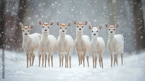 Winter gathering of white deer in a snowy forest landscape