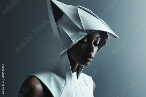 close-up of high-fashion black woman model wearing white leather futuristic outfit and abstract geometric helmet  photo