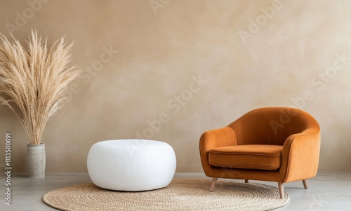Elegant interior with a modern chair and decorative elements in a minimalist ...